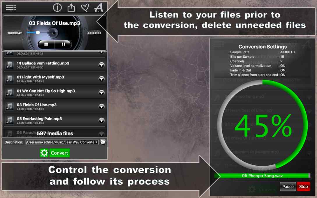 Listen to your files prior to the conversion, delete unneeded files. Control the conversion and follow its process. Easily_convert_files_to_WAV2